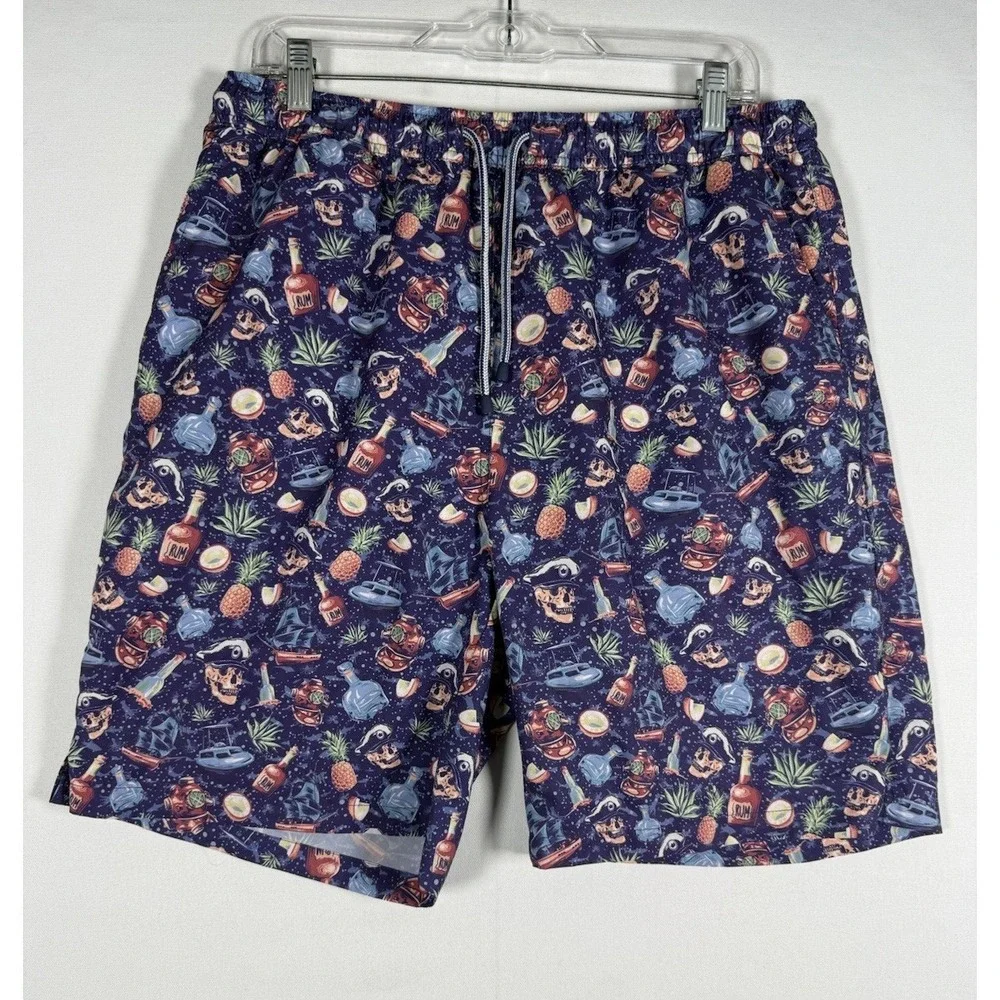 Peter Millar Mens Seaside Ship Faced Mens Large Atlantic Blue Swim Trunks Skulls